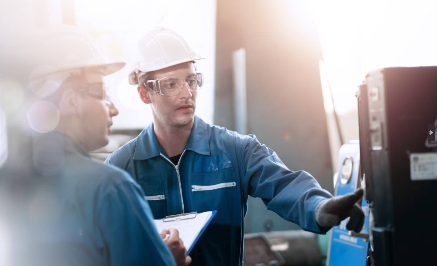 Zwei Arbeiter in blauen Overalls, Schutzhelmen und Schutzbrillen stehen in einem Gebäude. Der eine hält ein Klemmbrett in der Hand, während der andere auf eine Industriemaschine zeigt. Beide konzentrieren sich auf die Geräte in einer hell erleuchteten Umgebung.